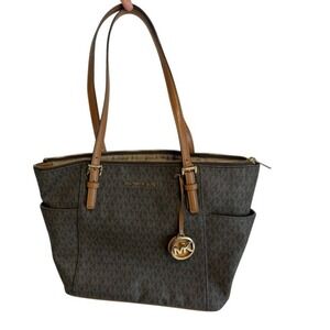 Michael Kors Leather Jet Set Tote Bag and Wallet Set Zipper Medium Brown MK